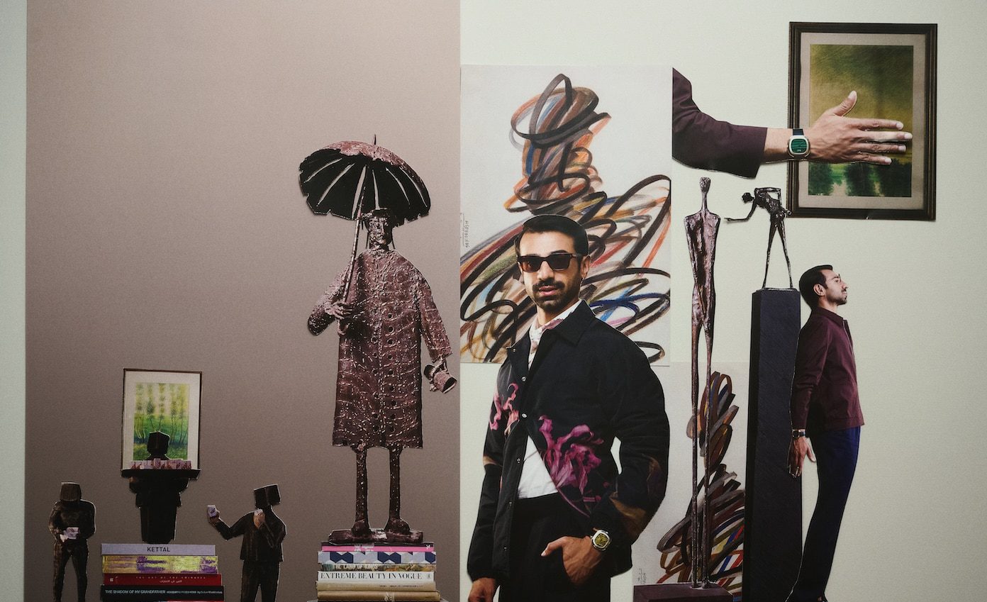 Surrealist collage of Abdulla Alkaabi wearing a Piaget Andy Warhol watch