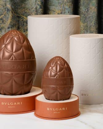 Bulgari 2026 Uovo Calla chocolate eggs in two sizes with Divas Dream motif and signature orange packaging.