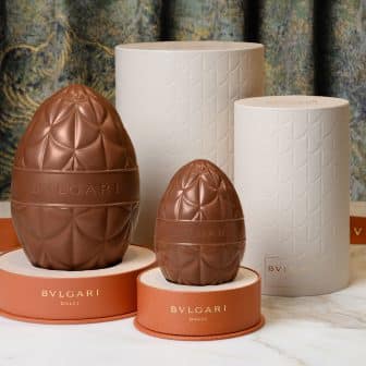 Bulgari 2026 Uovo Calla chocolate eggs in two sizes with Divas Dream motif and signature orange packaging.