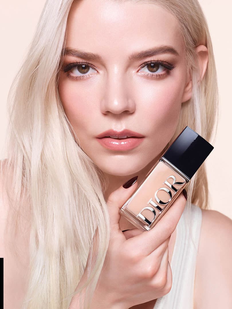 Anya Taylor-Joy for Dior Forever Foundation 2026 campaign with platinum blonde hair and radiant makeup.