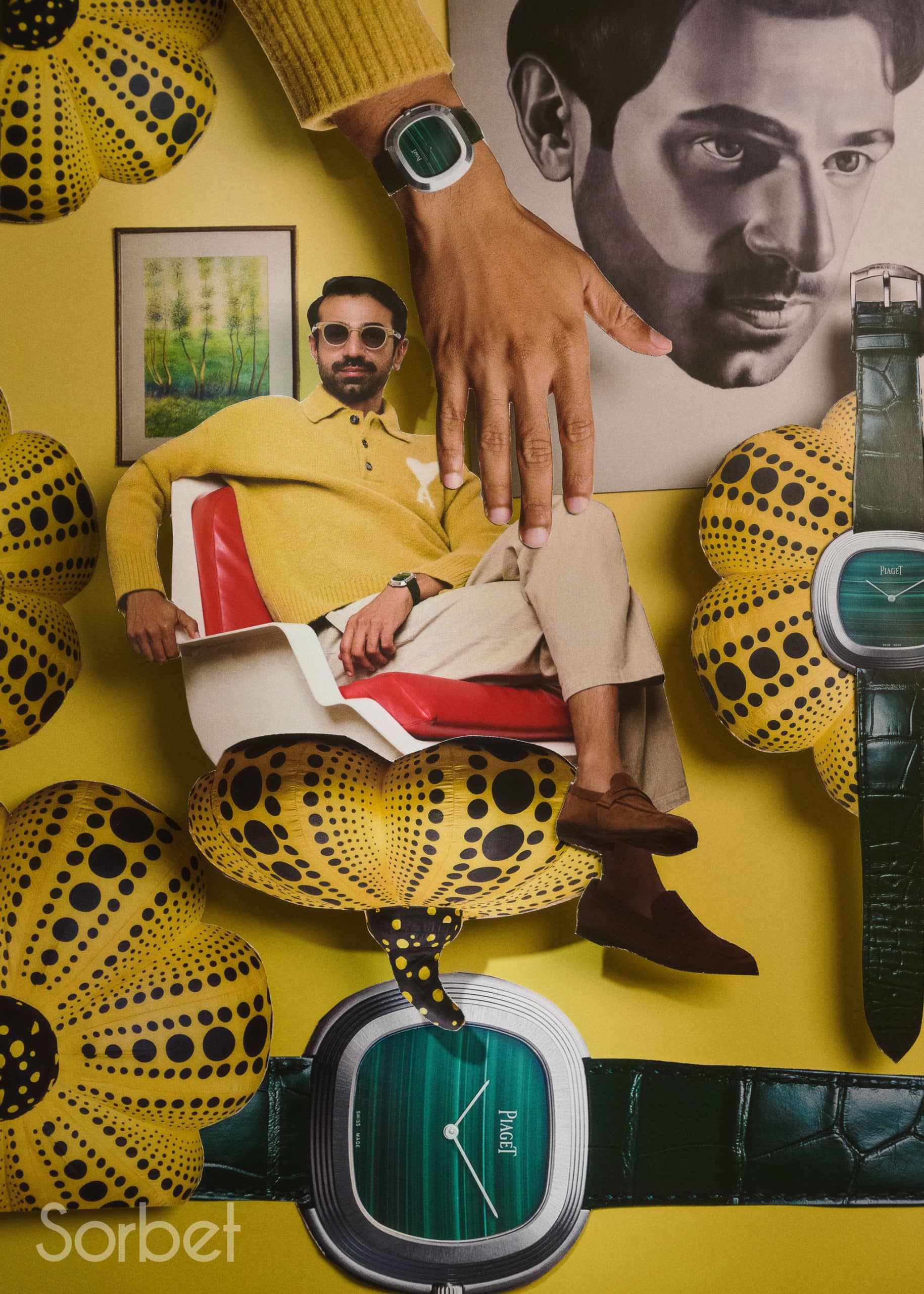 Surrealist collage of filmmaker Abdulla Alkaabi in yellow knitwear with Piaget Warhol watches and Yayoi Kusama style yellow pumpkins.