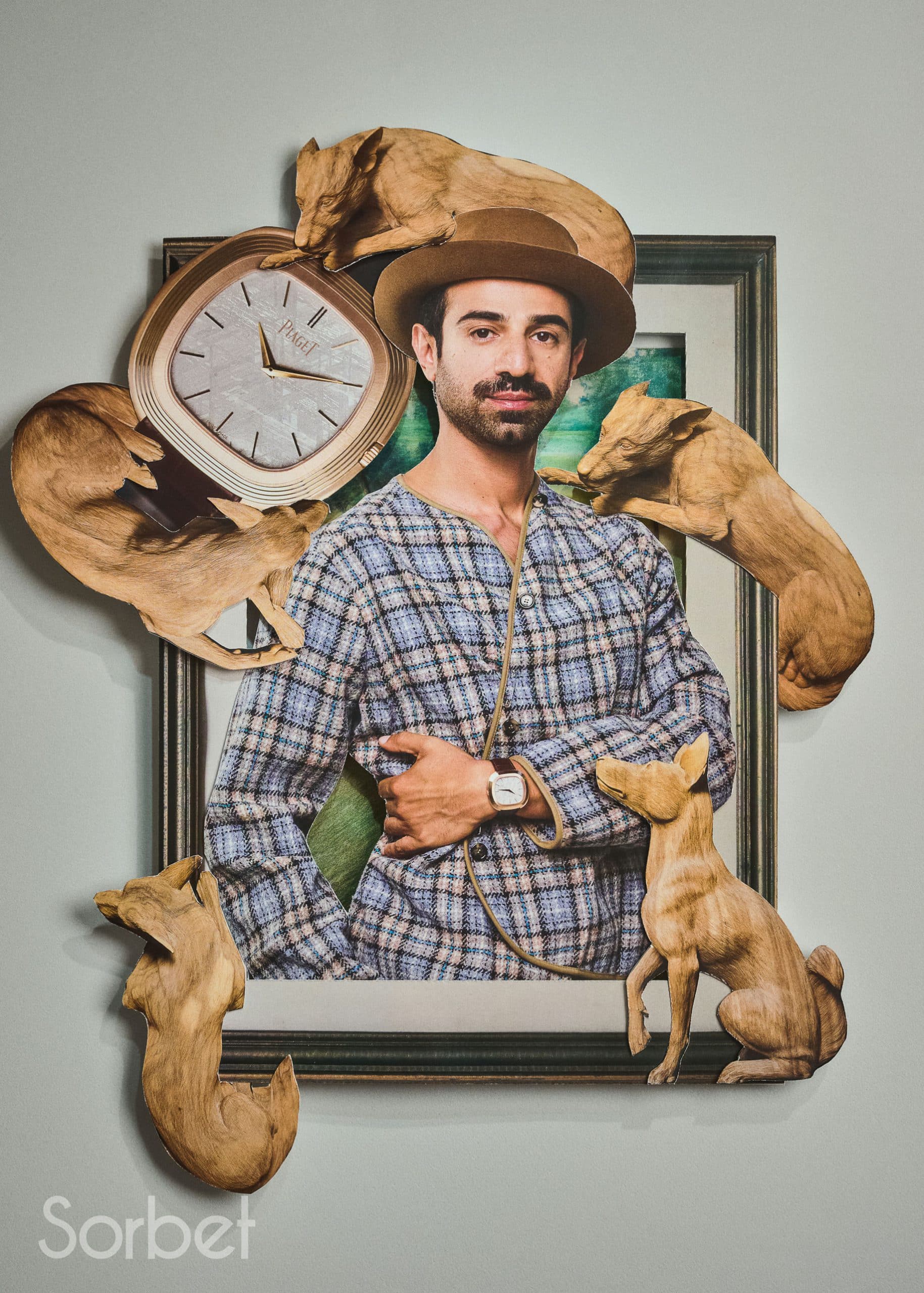 Surrealist collage of filmmaker Abdulla Alkaabi coming out of a frame in stripped blue and grey Loewe jacket, with Piaget Warhol watches and dog statues all around