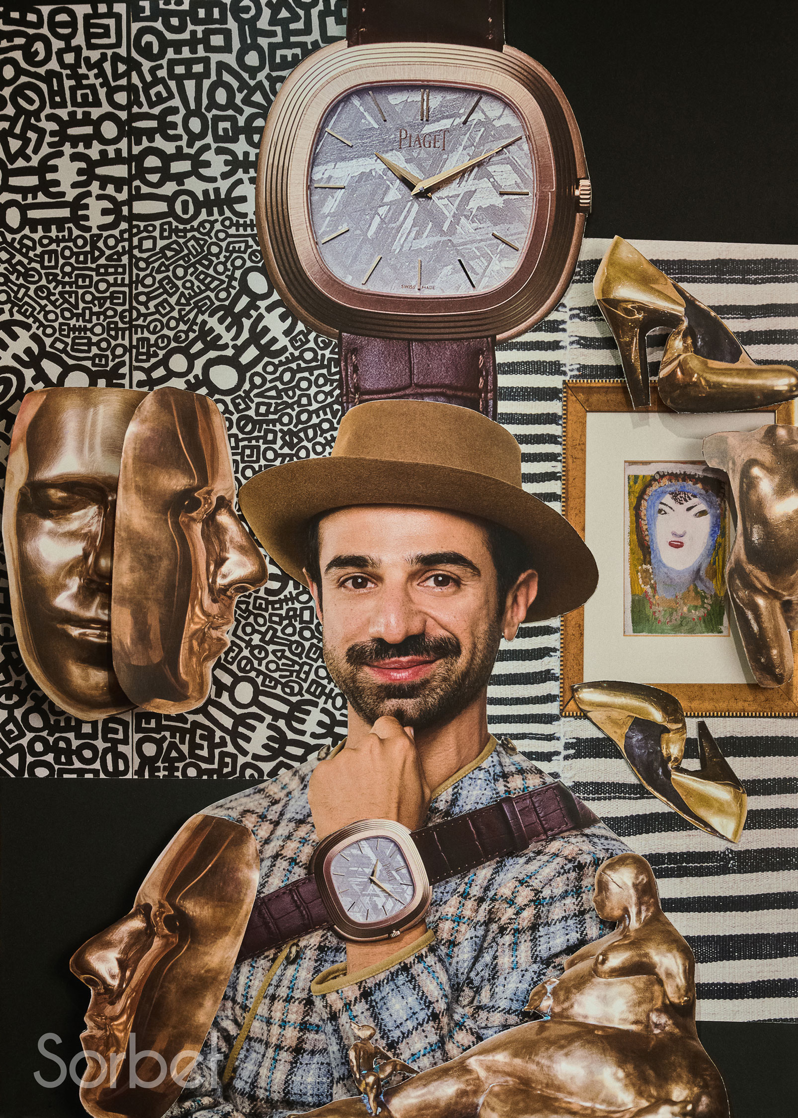 Surrealist collage of filmmaker Abdulla Alkaabi in stripped blue and grey Loewe jacket, with Piaget Warhol watches and art works in the background