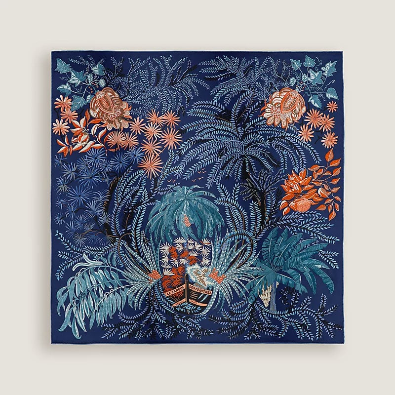 70 Hermes Jardin des Peintres by Annie Faivre square scarf in dark blue with white garden and orange floral motifs