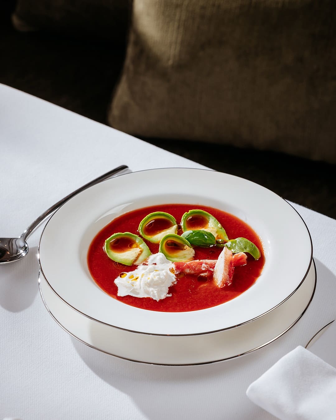Cold, fresh and full of summer flavours- our gazpacho with crab is made for warm days.Ripe tomat